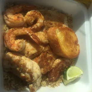 Tilapia, Shrimp and a tender over dirty rice.  Off da chain!