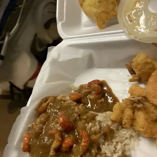 Crawfish etouffee with fried shrimp