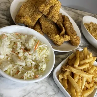 Coleslaw, fries, catfish