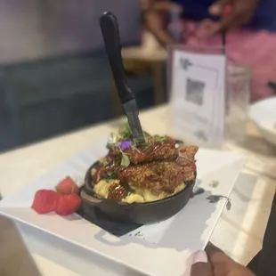 Fried chicken and macaroni with watermelon bbq drizzle