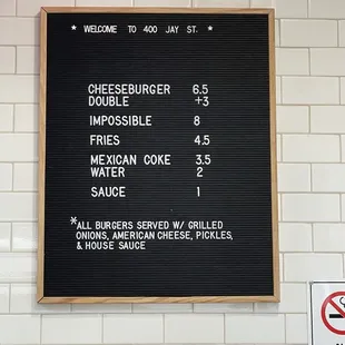 a menu on the wall