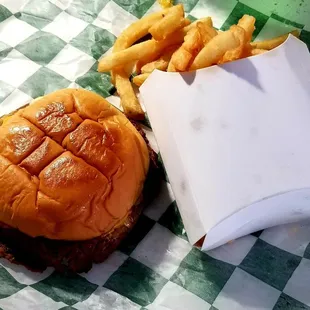Impossible burger (vegetarian), with French fries