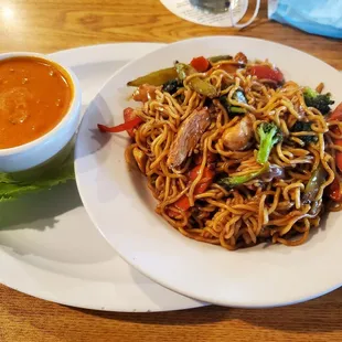 Chicken Yakisoba and soup.