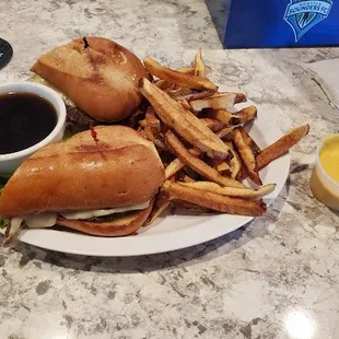 Burger dip with fries.