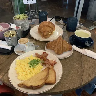 Any style eggs, matcha tea, croissant eggs and ham with bacon.