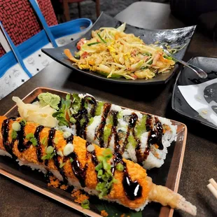 Sushi rolls and curry noodles