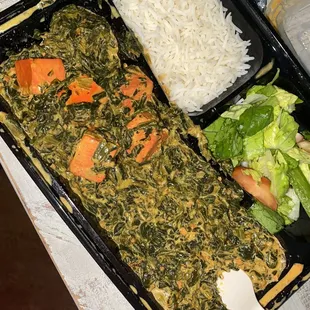 Saag with only 5 cubes of paneer for $22 dollars... tasty but too expensive for 5 cubes and an undressed salad...