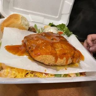 Fried salmon with seafood potatoes