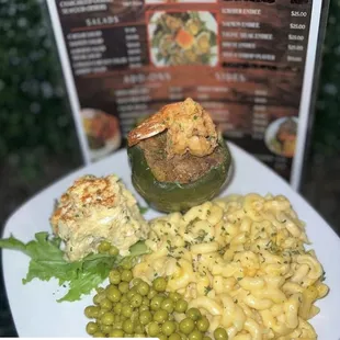 Stuffed BellPepper W/Mac&amp;cheese peas, potato salad. Weekend special.