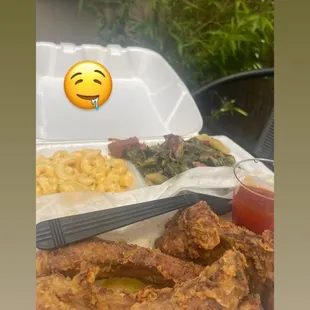Deep fried ribs  Mac and cheese and greens ! Perfect
