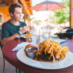 a hamburger and fries
