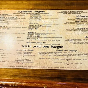 a menu on a wooden table