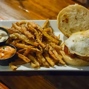 Up &amp; At Breakfast Burger (Sub: Turkey Burger), House Fried, with Sun Dried Tomato &amp; Green Onion Crema Aiolis.
