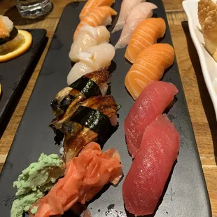 Salmon, yellowtail, tuna, white tuna, and eel nigiri