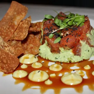 The Tuna Tartare was made with Chili, Avocado, Orange-Soy Glaze, Wasabi Emulsion, Sesame, &amp; Wontons. The best tuna tartare in denver