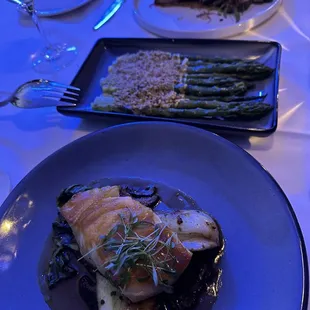 Seabass, asparagus, salmon (furthest away)