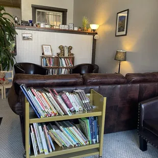 a living room with couches and bookshelves