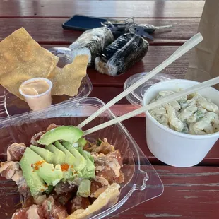 Rainbow Poke, Mac salad with peas , and musabi