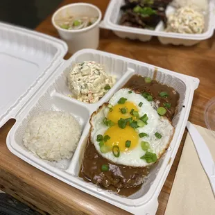 Loco Moco, 1 scoop rice, 1 scoop Mac salad and side of Kim Chi