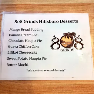 Desserts menu as of end of January 2021