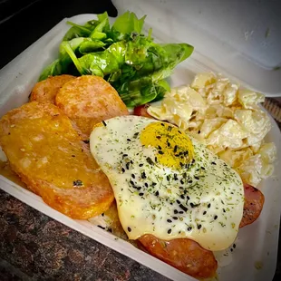 Big Kahuna (over easy eggs, spam, Portuguese sausage, rice with mac and salad)