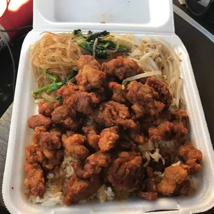 This is the Korean chicken plate with three choice of sides