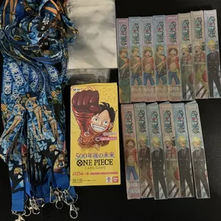 One Piece lanyards, bags, cards, pens