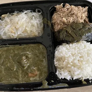 Chicken long rice, squid luau, kalua pig and lau lau