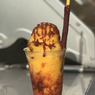 Homemade mango sorbet with chamoy sauce "Mangonada "