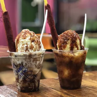 Mangonada one with cream and chamoy, the right with LiHing