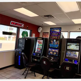 a row of slot machines in a restaurant