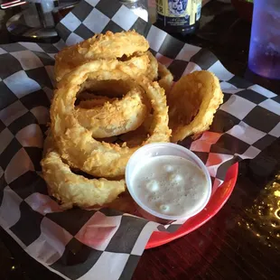 onion rings and a beer