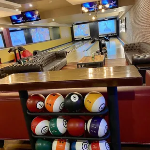 Awesome bowling balls that look like giant pool balls! Also pictured is the VIP area, lanes 9-12 are separated from the main are.