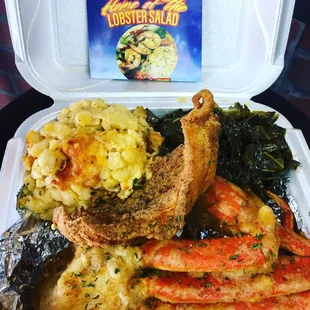 a meal in a styrofoam container