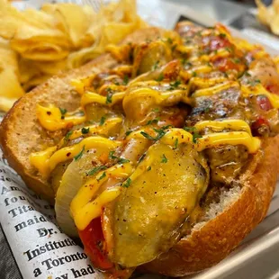 a hot dog with cheese and mustard