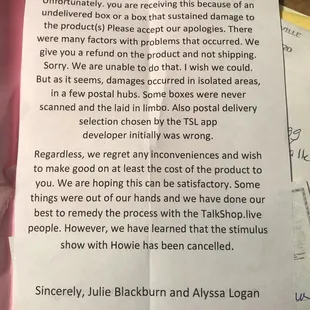 a note from a customer