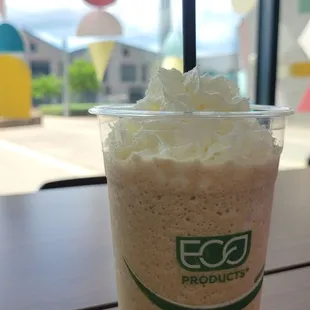 Vanilla frappe w/ 1 shot of espresso (not too bitter!)