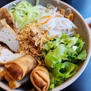 Crispy Tofu &amp; Crunchy Delight Egg Roll &amp; Noodle.