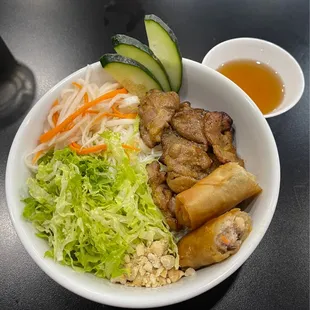 Vermicelli with Grilled Chicken and Spring Roll