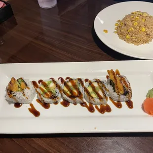 Shrimp tempura roll and fried rice.