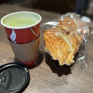 Matcha oatmeal pumpkin spice latte and maple danish while