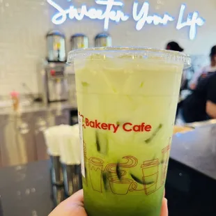 Iced matcha green tea latte $5.80