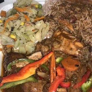 Brown Stew Chicken, rice &amp; peas, cabbage.