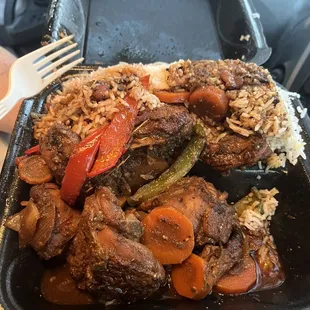 Brown stew chicken, brown rice and beans, white rice