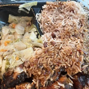 Jerk Chicken, rice and beans, cabbage