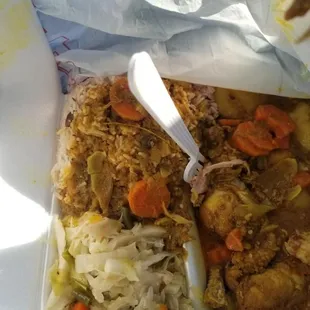 Curry Chicken, Cabbage, Rice and beans
