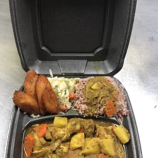 Curry Chicken  -Plantains  -Cabbage -Rice &amp; Peas