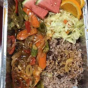 Brown Stew Fish  -Rice &amp; Peas  -cabbage