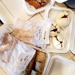Bbq pork buns, beef rolls, popcorn chicken, lumpia, and deep fried shrimp.