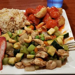 a plate of food with meat, vegetables, and rice